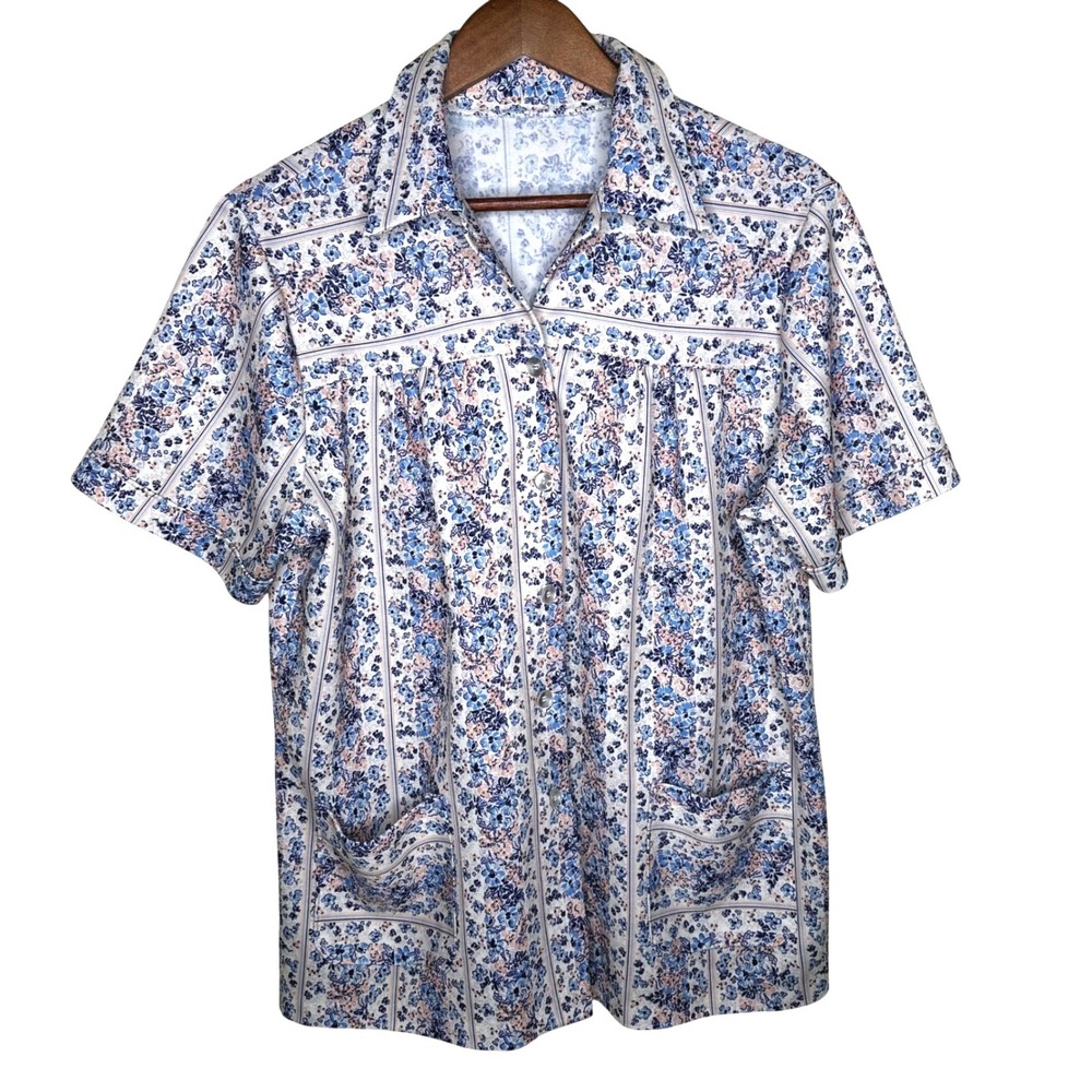 Vintage Retro Floral Stripe Button Up Top Short Sleeve Blue Peach Pocket XL Poly
